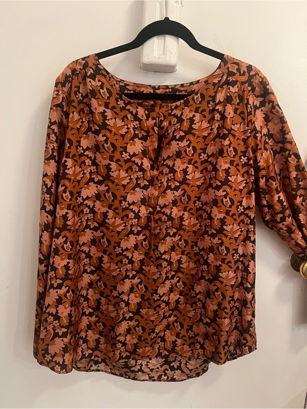 Silk Notch Collar Floral Blouse — Rust with brown & black
